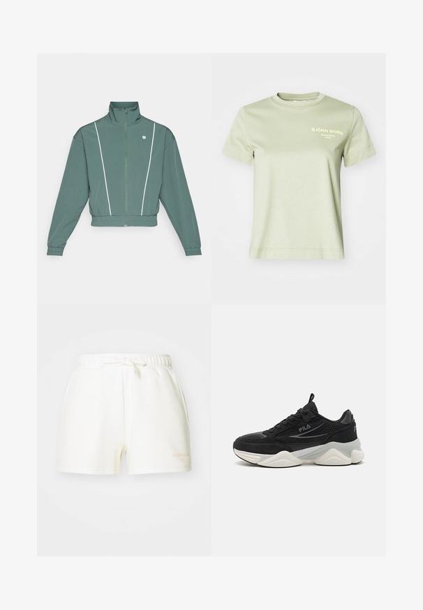 Zöld zipzáras dzseki magas gallérral, elasztikus aljjal és fehér oldalsávokkal. Hosszú ujjakkal rendelkezik, és a mellkasán logó található.; Világoszöld pamut póló kerek nyakkal és rövid ujjakkal. Az elején fehér nyomtatott felirat található: "BJÖRN BORG STOCKHOLM 1956."; Fehér pamut rövidnadrág, elasztikus derékrésszel és megkötős díszítéssel. Oldalsó zsebekkel és világos narancssárga nyomtatott logóval rendelkezik.; Fekete sportcipők hálós és velúr anyagból, vastag talppal, kerek formával, diszkrét szürke részletekkel és logóval az oldalon.