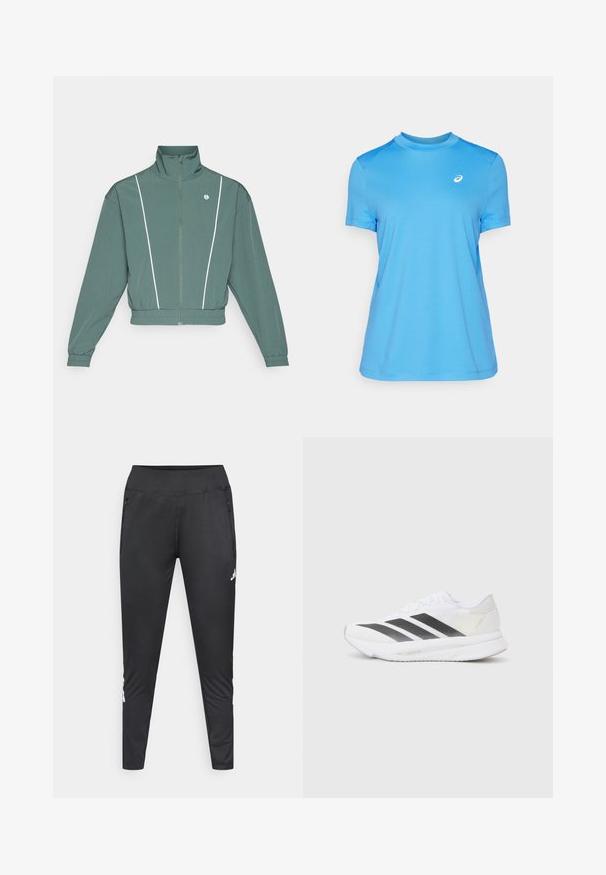 Chaqueta verde con cremallera y cuello alto, dobladillo elástico y rayas laterales blancas. Presenta mangas largas y un logo en el pecho.; Camiseta atlética de manga corta azul con cuello redondo, textura suave y detalles de malla en los hombros. Presenta un pequeño logo blanco en el pecho.; Pantalones deportivos negros hechos de tela elástica, con un diseño ajustado, dos bolsillos laterales con cremallera y un detalle de logo en la parte inferior de la pierna.; Zapatilla deportiva blanca con rayas diagonales negras, parte superior de malla, punta redondeada y suela texturizada. Los acentos incluyen un talón plateado y un diseño minimalista.
