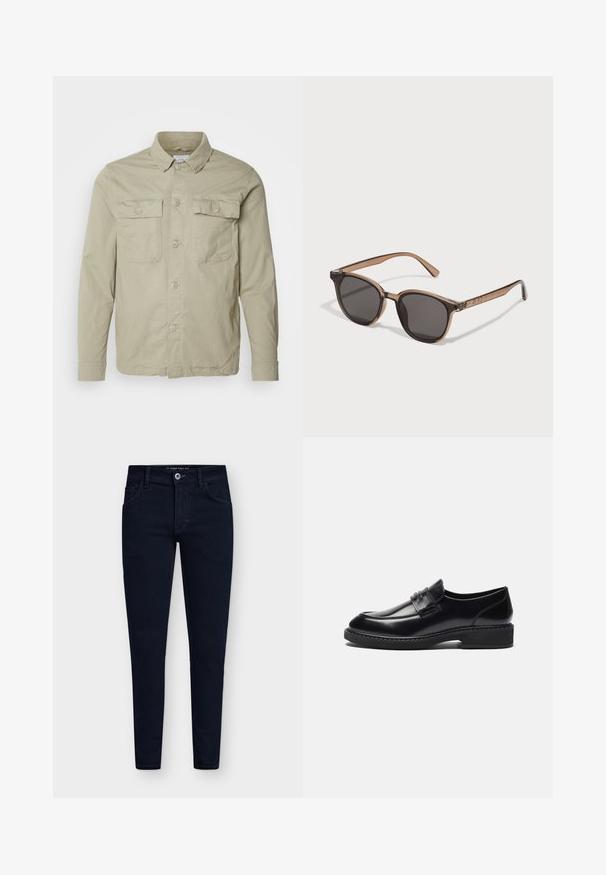 Lindbergh OVERSHIRT - Lengva striukė - olive; Penki trumpomis rankovėmis marškiniai, baltos, smėlio, šviesiai pilkos, tamsiai pilkos ir juodos spalvų. Pagaminti iš švelnaus medvilnės, suapvalinto kaklo dizainu.; Tamsiai mėlynos, aptemptos džinsinės kelnės su penkiomis kišenėmis, sagos uždarymu ir tvirtu džinsinio audinio paisymu. Yra klasikinio dizaino ir minimalus siuvinėjimas.; Zign LEATHER - Puošnūs įsispiriami bateliai - black; Rudos plastikiniai saulės akiniai su tamsiais objektyvais, apvalia forma ir siaurėjančiomis kojelėmis. Išskirtinis puošybos elementas ant šventyklų.