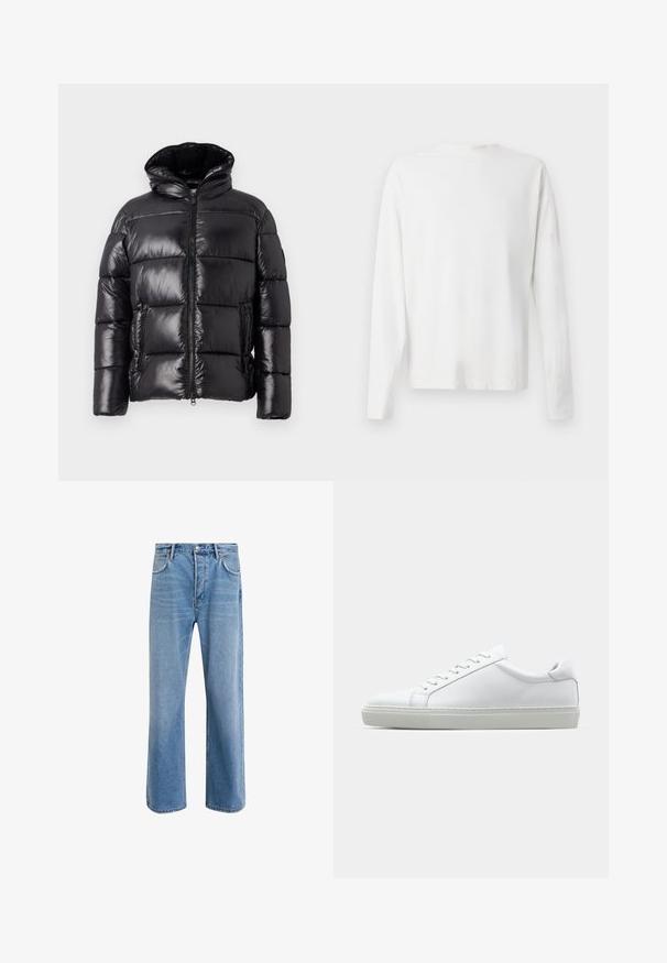 Musta puhvitakki kiiltävällä pinnalla, jossa on korkea kaulus, vetoketjusulku ja kaksi sivutaskua; tikattu malli eristystä varten.; Pitkähihaisesta valkoisesta puuvillapaidasta, jossa on pyöreä pääntie, sivuhaalareita alaosassa ja sileä pinta, näkyy takaa.; Vaaleansiniset farkut suoranlahkeisella muotoilulla, viisi taskua, nappisuljenta, vähäinen kuluminen ja kontrastiväriset ompeluyksityiskohdat.; Valkoinen tennari, jossa on sileä nahkapäällinen ja matala profiili. Ominaisuuksiin kuuluu pyöreä kärki, kuusi rei'itystä ja teksturoitu kumipohja.