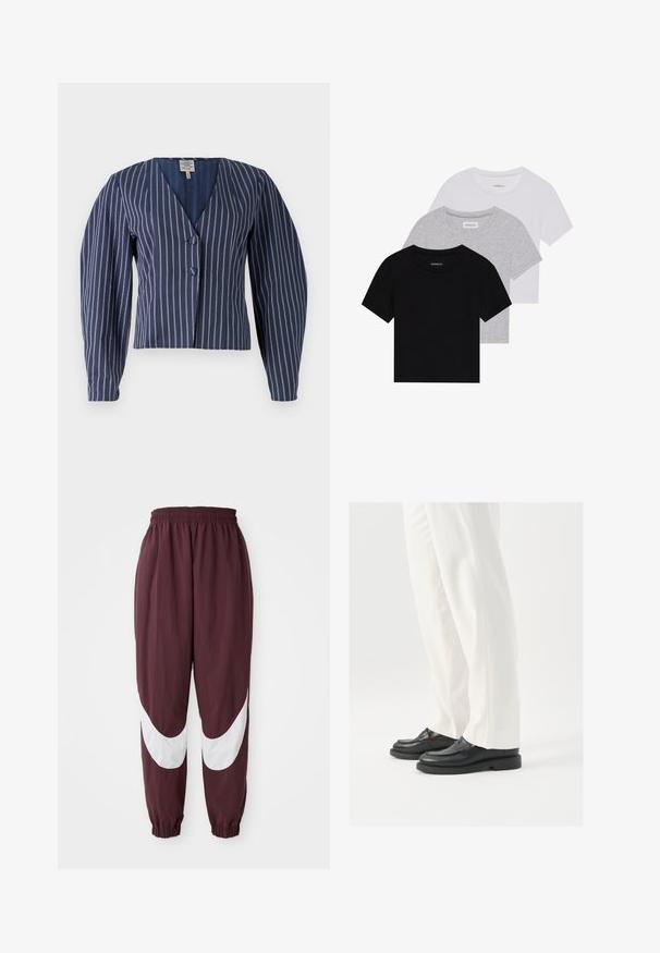 Navy striped cropped jacket with a deep V-neck, two buttons, and puffed sleeves; fabric appears textured with a subtle sheen.; Set of three short-sleeve t-shirts in black, gray, and white. Made from cotton, featuring a crew neck and a simple, solid color design.; Maroon track pants with a white curved stripe design, elastic waistband, and tapered cuffs. Made from lightweight, breathable material.; Black leather loafers with a smooth texture, stitch detailing, and a rounded toe, paired with white tailored pants.