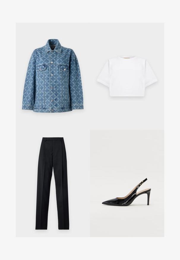 Denim-takki, jossa on sininen väri ja teksturoitu vaaleansininen kuvio, kaksi rintataskua sekä hopeanväriset napit edessä ja hihansuissa.; Lyhythihainen valkoinen t-paita pehmeää kangasta, jossa on pyöreä pääntie ja ribbireunat. Yksinkertainen ja ilman koristeita oleva malli.; Musta housut, jotka on valmistettu sileästä kankaasta ja joissa on korkea vyötärö, leveät lahkeet, etukaarteet ja klassiset vyölenkit. Ei näkyviä sivutaskuja.; Musta lakattu nahkainen slingback-korkokenkä, jossa on terävä kärki, kapea korko ja hillitty leikkaussuunnittelu. Varressa on kultainen solki.