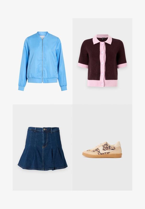 Lichtblauwe bomberjas van gladde stof, voorzien van een ritssluiting aan de voorkant, geribbelde manchetten en een geplooide zoom. Geen zichtbare patronen of afbeeldingen.; Korte mouwen cardigan van donkerbruin breimateriaal, met een lichtroze kraag en knoopsluiting, en contrasterende roze zoom en manchetten.; Zwarte top met korte mouwen en een ronde halslijn, voorzien van een uitsnijding en striksluiting aan de voorkant. Gemaakt van een zachte, lichte stof.; Donkerblauwe denim rok met een geplooid ontwerp, vijf zakken, een sluiting met een knoop aan de voorkant en contrasterende stiksels.; Luipaardprint sneakers met een beige suède bovenkant, tan rubberen zool en witte accenten. Ronde neus en vetersluiting met een gestructureerde afwerking.
