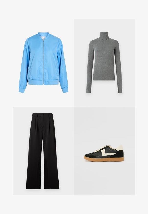 Világoskék bombázódzseki sima anyagból, cipzáros elülső záródással, bordázott mandzsettákkal és ráncolt szegéllyel. Látható minták vagy grafikák nélkül.; Szürke, sima, rugalmas anyagból készült garbós póló. Hosszú ujjú, testhez simuló kialakítás, minimális textúrával, látható minták vagy fém alkatrészek nélkül.; Fekete, széles szárú nadrág, sima textúrával, elülső redőkkel, lapos derékkal és övhurkokkal. Egyszerű, szabott kialakítás.; Fekete velúr és bőr sneaker, krém színű oldalsó swoosh-sal és világos krém színű sarokkal. Beigézett fűzőkkel és gumi talppal rendelkezik.