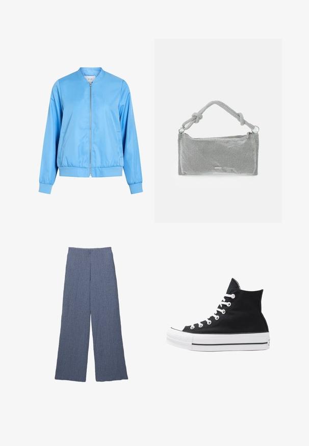 Svetlo modra bomber jakna iz gladkega blaga, z zadrgo spredaj, rebrastimi manšetami in nabranim robom. Brez vidnih vzorcev ali grafik.; Modra teksturirana kratka majica z globokim V-izrezom in širokimi naramnicami, izdelana iz tkanine z rahlo gubano površino.; Modre široke hlače z teksturo in rebrastim vzorcem, s visokim pasom in ohlapnim krojem, primerne za sproščeno nošenje.; Visoke črne platnene superge z belimi režami, vezalkami in gumijastim podplatom. Ponašajo se z teksturiranim zaščitnikom za prste in črno-belimi črtami.; Srebrna mrežasta torbica z vozlanim ročajem, pravokotne oblike, teksturirane površine in z zadrgo. Preprost, sodoben dizajn z minimalnimi dodatki.