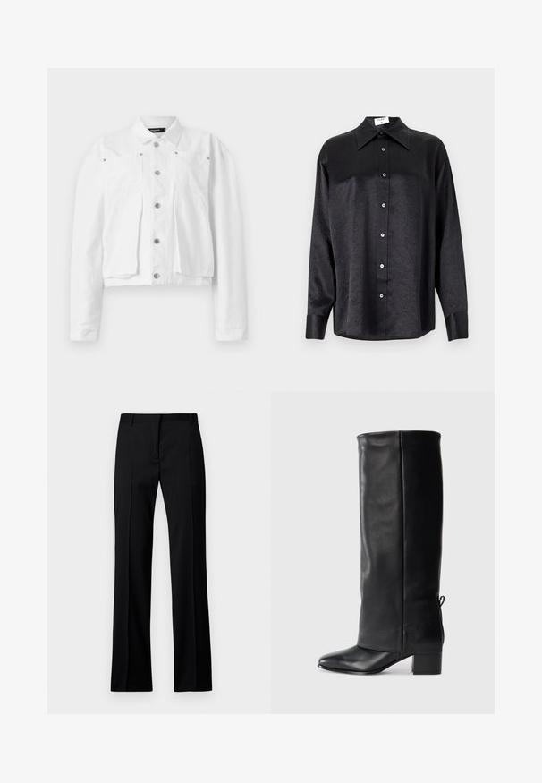 Veste courte blanche en coton, avec une fermeture à boutons sur le devant, deux poches poitrine et des accents en métal argenté. Texture douce.; Chemise noire à manches longues avec un col, présentant une texture froissée, une fermeture à boutons sur le devant et des poignets. Fabriquée en tissu lisse.; Pantalons noirs à jambe droite en tissu lisse, avec un devant plat, des passants de ceinture et sans poches visibles ni embellissements.; Bottes noires en cuir, montantes jusqu'au genou, avec une finition lisse, un bout carré, un talon carré et un détail de lacet sur le côté pour un ajustement réglable.