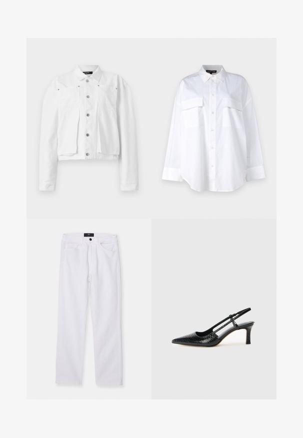 Hvid kort jakke lavet af bomuld, med en knaplukning foran, to brystlommer og sølv hardwaredetaljer. Glat tekstur.; Hvid button-up skjorte lavet af bomuld, med en klassisk krave, to brystlommer og lange ærmer med manchetter. Glat tekstur.; Hvide denimjeans med lige pasform, fem-lomme design og knaplukning foran. Har en glat tekstur og synlige syninger.; Sorte patent slingback hæl med spids tå, prydet med tekstureret slangeskindsmønster, justerbar rem og en kort, tekstureret blokhæl.