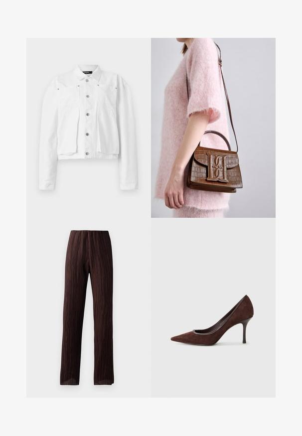 Fehér, rövidített, pamut dzseki, amely gombos elülső résszel, két mellzsebbel és ezüstszínű kiegészítőkkel rendelkezik. Sima textúra.; Fehér ujjatlan blúz vékony pántokkal, könnyű anyagból készült. Laza fazonú, az alján ráncolt textúrával rendelkezik.; Barna, széles lábú nadrág, pleátolt struktúrával, magas derékkal és könnyed fazonnal. Könnyű anyagból készült. Nincsenek látható zárak.; Barna velúr magassarkú cipő hegyes orral, sima felülettel és vékony sarokkal. Fémes díszítés található a nyílás körül.; Barna krokodilbőr mintázatú kézitáska, tetején fogantyúval és vállpánttal. A túloldalán egy hangsúlyos logó található. Puha tapintású.