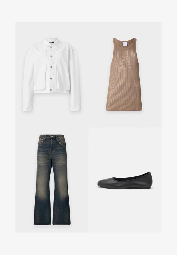 Bela skrajšana jakna iz bombaža, z gumbi na sprednji strani, dvema žepoma na prsih in srebrnimi detajli. Gladka tekstura.; Bež krojen brezrokavnik iz pletenine z rebrasto teksturo, z A-linijo in subtilnimi diagonalnimi šivi.; Temno modre džins hlače s širokimi nogavicami in zblodelim videzom, z petimi žepi, gumbom za zapiranje in detajli kontrastnega šivanja.; Črne usnjene balerinke z zaobljenim nosom, gladko teksturo, minimalnimi šivi in fleksibilno zasnovo podplata.