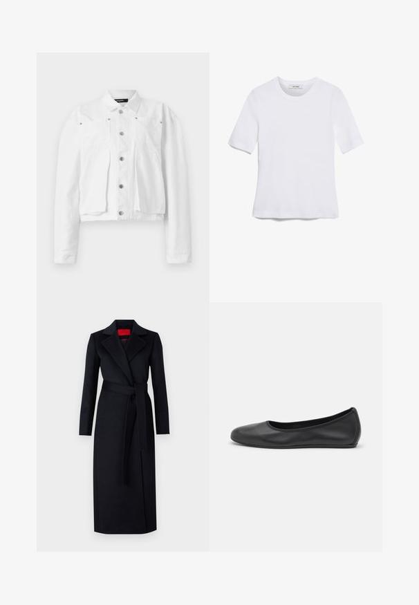 Witte cropped jas van katoen, met een knoopsluiting aan de voorkant, twee borstzakken en zilverkleurige hardware accenten. Gladde textuur.; Witte korte mouwen t-shirt van ribstof. Ronde halslijn, normale pasvorm en subtiele stiksels. Geen patronen of grafische elementen.; Zwarte trenchcoat met lange mouwen, wikkelontwerp en bijpassende riem. Gemaakt van soepel stof, met een opstaande kraag en zijzakken.; Zwarte leren ballerina met een ronde neus, gladde textuur, minimale stikdetails en een flexibele zoolontwerp.