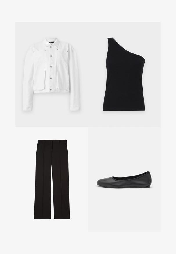 Weißes, kurz geschnittenes Jackett aus Baumwolle mit einer durchgehenden Knopfleiste, zwei Brusttaschen und silbernen Hardware-Elementen. Glatte Textur.; Schwarzes, geripptes Tanktop mit einem Schulterdesign, tailliert und aus einem weichen Material gefertigt. Es hat einen klaren, minimalistischen Schnitt und einen glatten Halsausschnitt.; Schwarze, maßgeschneiderte Hosen aus einem glatten Stoff, mit geradem Bein und zwei Seitentaschen. Elegante und minimalistische Konstruktion.; Schwarze Leder-Ballettschuhe mit abgerundeter Spitze, glatter Textur, minimalen Nähdetails und einem flexiblen Sohlen-Design.