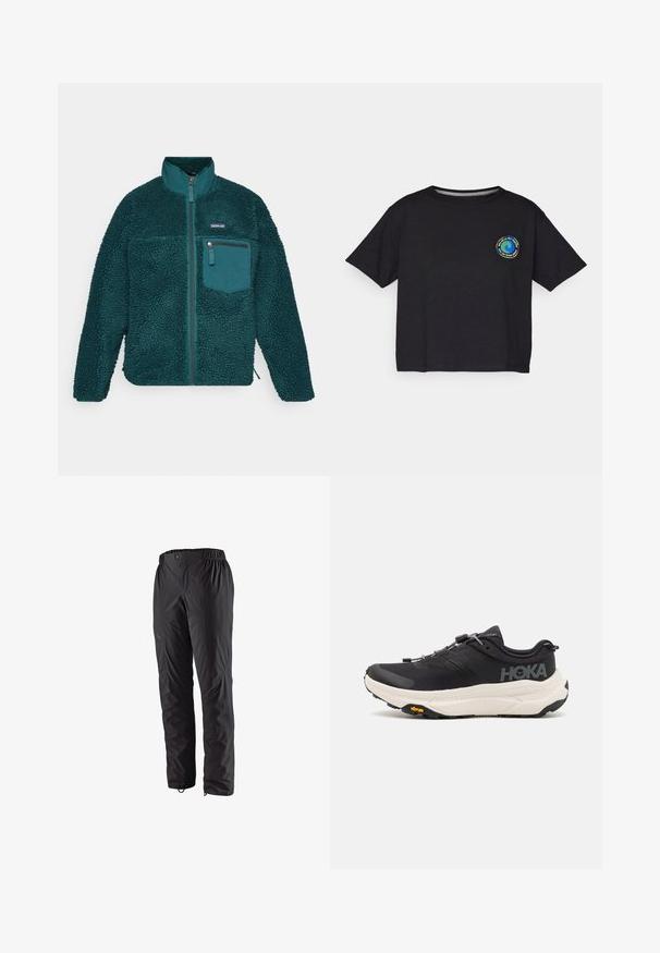 Turquoise fliisjakk kõrge kraega, tekstureeritud pind, ees lukuga sulgemine ja rinnatasku lukuga, ümar hem ja pikad varrukad.; Must musta lühikeste varrukatega T-särk, millel on rinnal ringikujuline mitmevärviline logo. Otse lõpp ja mugav lõige.; Mustavad veekindlad püksid elastse vöökoha, külgmiste tõmblukkude, kitsenevate säärejate ja sileda tekstuuriga. Sobivad välistingimustes tegevuseks.; Mustad mustadused spordijalatsid, millel on hingav võrkkangast pealmine osa, kummist välistald, valge pehmendusega vaheosa ja peegeldavad nöörid. Vibrami logo välistalla peal.