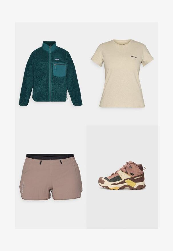 Casaco de fleece verde-água com gola alta, superfície texturizada, fecho frontal com zíper e um bolso no peito com zíper, apresentando barra arredondada e mangas longas.; T-shirt de manga curta em bege da Patagonia com um pequeno logótipo preto no lado esquerdo do peito, exibido sobre um fundo simples.; Bermudas bege feitas de um tecido leve, com um padrão texturizado, faixa elástica na cintura com detalhes pretos e dois bolsos laterais.; Shoe de alta cano para exterior nas cores rosa, preto e bege. Apresenta um upper texturizado, biqueira reforçada, e uma sola robusta com cravos profundos para melhor tração.