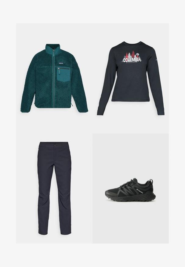 Teal fleece jacket with a high collar, textured surface, front zip closure, and a chest pocket with a zip, featuring rounded hem and long sleeves.; Long-sleeve dark gray shirt with a graphic of red trees and mountains; "COLUMBIA" logo in bold white text. Soft fabric, standard crew neck.; Navy blue pants made of smooth fabric, featuring a front button closure, slim-fit design, and creased detailing at the knees.; Columbia PEAKFREAK - Hiking shoes - black