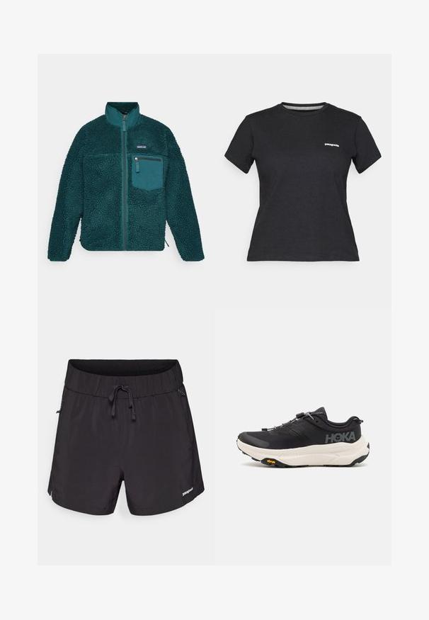 Turkusowa polarowa kurtka z wysokim kołnierzem, teksturowaną powierzchnią, zamkiem błyskawicznym z przodu oraz kieszenią na piersi z suwakiem, charakteryzująca się zaokrąglonym dołem i długimi rękawami.; Czarna bawełniana koszulka T-shirt z okrągłym dekoltem i krótkimi rękawami. Na lewej części klatki piersiowej znajduje się białe logo "Patagonia".; Czarne szorty kąpielowe wykonane z lekkiego materiału, z elastycznym pasem, sznurkiem do regulacji oraz bocznymi kieszeniami dla większej funkcjonalności.; Czarne buty sportowe z oddychającą siateczką, gumową podeszwą, białą wkładką amortyzującą i odblaskowymi sznurowadłami. Logo Vibram na podeszwie.