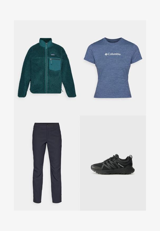 Teal fleece jacket with a high collar, textured surface, front zip closure, and a chest pocket with a zip, featuring rounded hem and long sleeves.; Blue short-sleeve t-shirt made of textured fabric, featuring a white Columbia logo on the chest, round neck, and fitted design.; Navy blue pants made of smooth fabric, featuring a front button closure, slim-fit design, and creased detailing at the knees.; Columbia PEAKFREAK - Hiking shoes - black