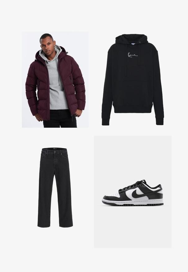 Ombre Vinterjacka - burgundy; Svart hoodie gjord av mjukt tyg, med en framficka, snören och vit logobroderi på bröstet. Klassisk passform och ribbade mudd.; Svarta raka denimjeans med knäppning och dragkedja, bältesöglor samt fram- och bakfickor.; Svarta och vita Nike Dunk sneakers med läderöverdel, perforerad tå, svarta snören och en svart gummisula med mönster.