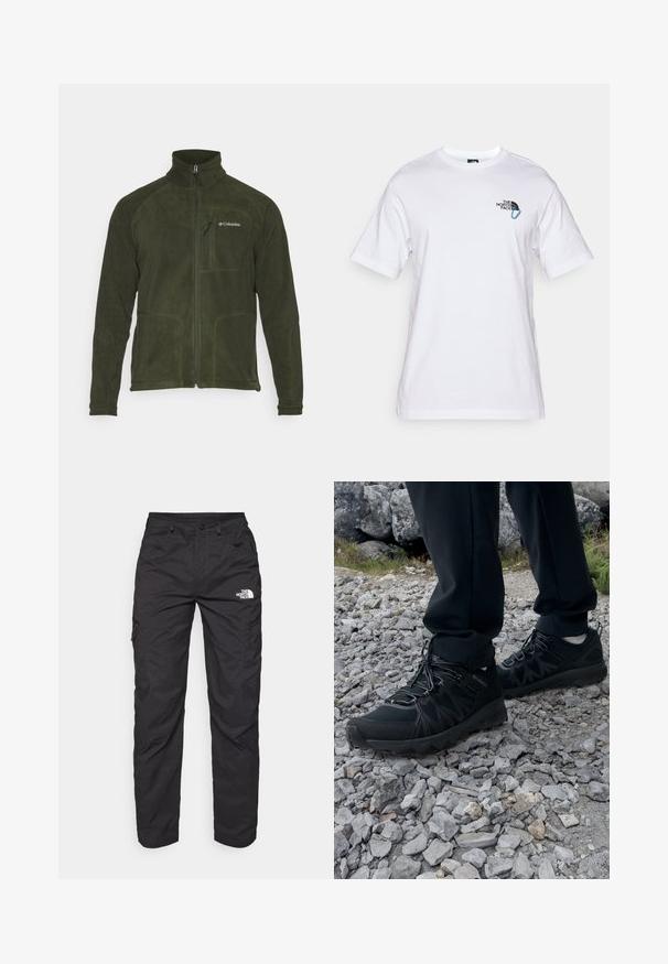 Columbia FAST TREK™ beżowy; The North Face EXPLORE RELAXED UNISEX biały; Czarne spodnie cargo wykonane z lekkiego materiału. Posiadają zamknięte na zamek boczne kieszenie oraz logo na lewym udzie. Prosty krój nogawki.; Czarne buty outdoorowe wykonane z siateczki i materiału syntetycznego, z fakturowaną cholewką, zabezpieczonym systemem sznurowania i solidną podeszwą, na skalistym terenie.