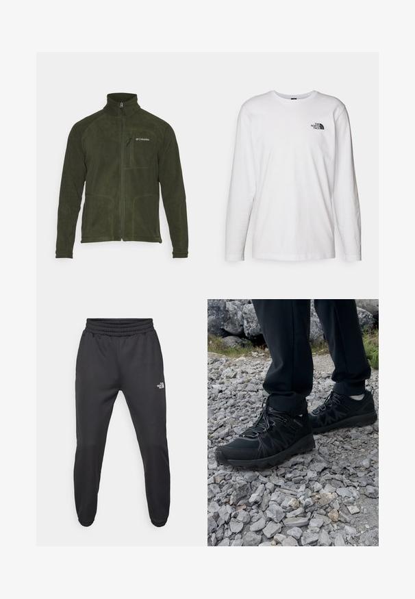 Columbia FAST TREK™ FULL ZIP - Fleecetakki - greenscape; Valkoinen pitkähihaisen T-paita, joka on valmistettu puuvillasta ja jossa on pyöreä kaula-aukko. Rintamuksessa on pieni musta logo. Sileä kangas, normaali malli.; Mustat collegehousut, joissa on nauhakuomu vyötäröllä, kapeneva fit, elastiset hihansuut ja pieni valkoinen logo vasemmassa reidessä, valmistettu sileästä kankaasta.; Mustat ulkokengät, joissa on verkko- ja synteettinen materiaali, teksturoitu päällinen, varma nauhoitusjärjestelmä ja kestävä pohja kivikkoisella maastolla.