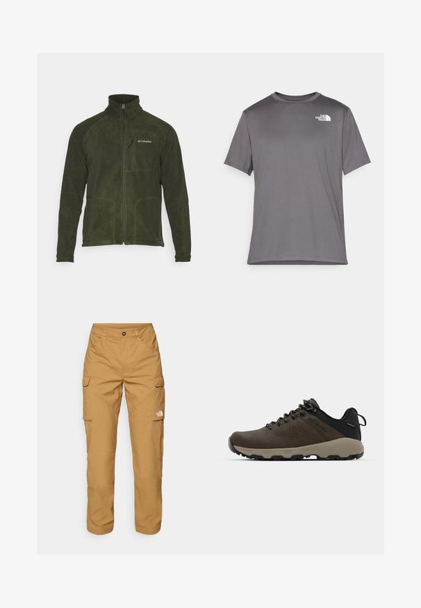 Columbia FAST TREK™ FULL ZIP - Fliisjakk - greenscape; Hallid lühikeste varrukatega spordipusa, mis on valmistatud siledast ja kergest kangast. Esiküljel vasakul rinnal on valge logo. Ümmargune kaelaauk.; The North Face EXPLORATION PANTS - Kargopüksid - utility brown; Kohandatud veekindlad pruunid spordijalatsid tekstuuriga pealisega, perforatsioonidega detailid, must kandetoetav osa ja hall kummine sisetald. Paelad on metallist otstega.