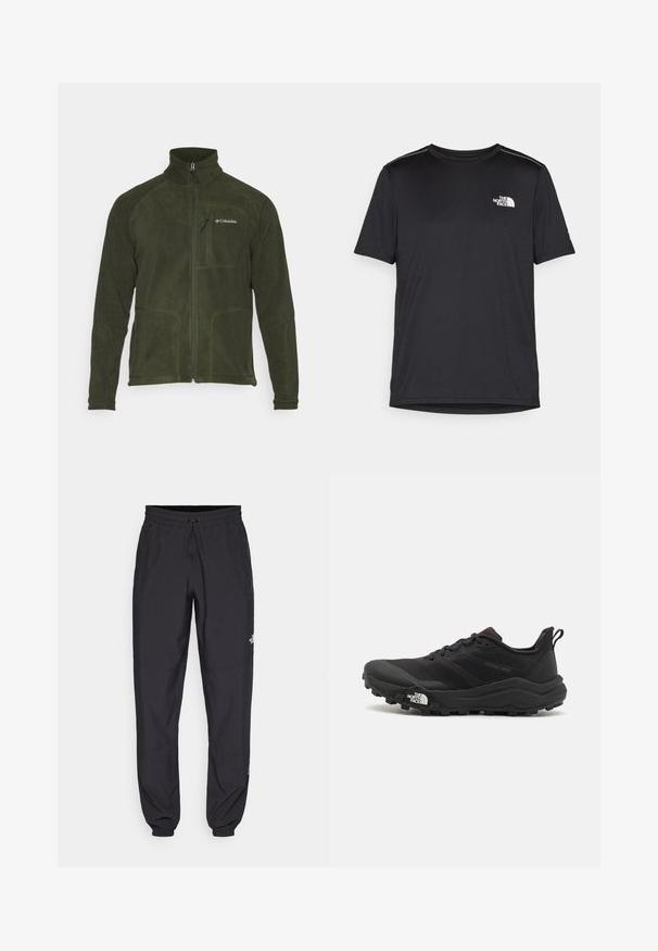 Columbia FAST TREK™ FULL ZIP - Fleecejakke - greenscape; Svart kortermet T-skjorte laget av lett materiale. Har en liten hvit logo på venstre bryst og subtile skulderdetaljer.; Sorte idrettsbukser laget av lett stoff, med snor i livet, sidelommer og smale mansjetter ved anklene.; Svart terrengløpesko med teksturert overdel, gummisåle og forsterket tåhette. Har polstret krage og løftestropp for enkel påkledning.