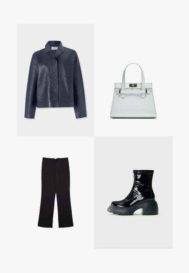 Giacca di pelle blu navy con colletto, chiusura frontale a bottoni e una tasca a toppa sul lato sinistro del petto. Texture liscia e taglio dritto.; Canotta nera in cotone, caratterizzata da un colletto rotondo e ampi giromanica. Texture liscia con orli cuciti. Design classico e minimalista.; Pantaloni neri a gamba dritta, con tasche frontali e spacchi laterali all'orlo. Realizzati in tessuto morbido e liscio. Adatti a diverse occasioni.; Stivaletto alla caviglia nero lucido con punta rotonda, tacco spesso, chiusura con zip e suola spessa e zigrinata su sfondo bianco.; Borsa a mano azzurro chiaro con design strutturato, due manici e chiusura in metallo tono argento. Materiale testurizzato e angoli acuti.