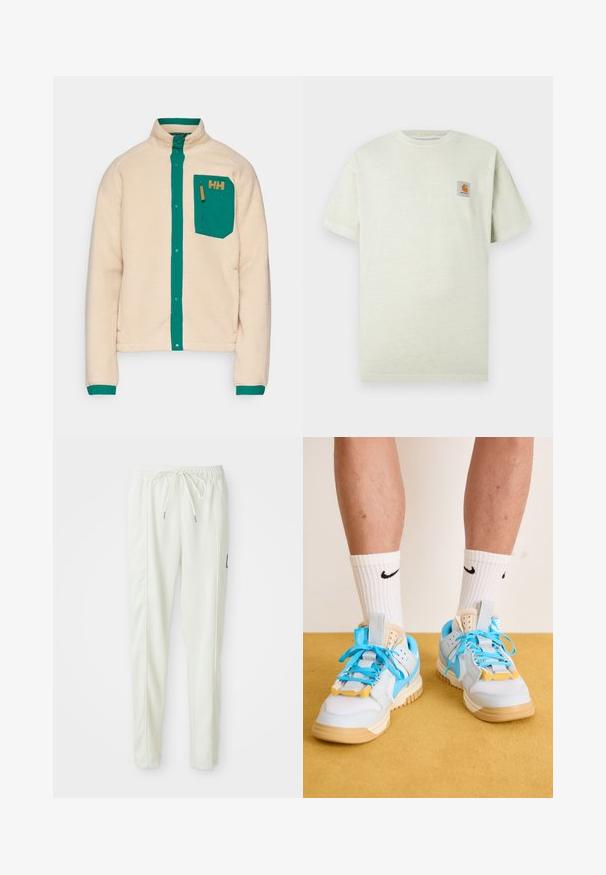 Helly Hansen PANORAMA SNAP - Polárdzseki - oatmeal; Világos zöld pamutt póló rövid ujjakkal, kerek nyakkivágással és bal mellen egy kis négyzet alakú logós folttal. Puha tapintású.; Fehér, slim fit szabású sportnadrág, elasztikus derékkal és húzózsinórral, oldalsó varrás részletekkel és egy kis fekete folttal a jobb lábon.; Világoskék sportcipők bézs talppal, hangsúlyos türkizfűzőkkel és sárga kiegészítőkkel. Texturált anyagok és látható lég párnázás.