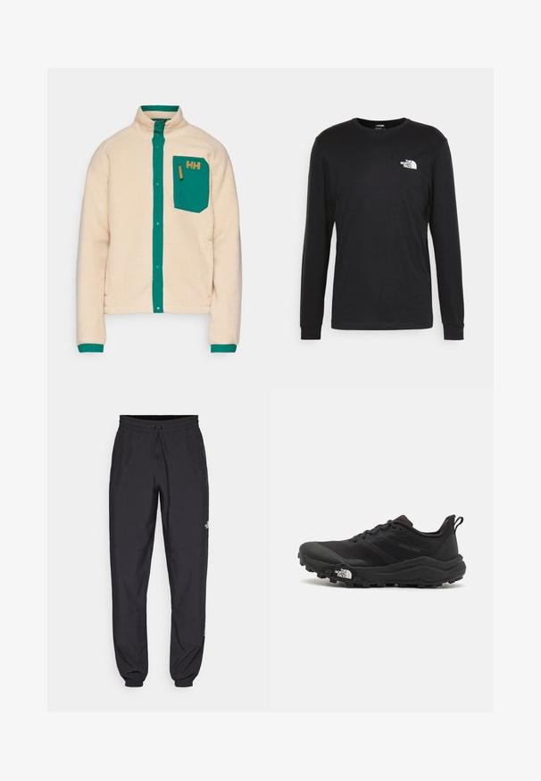 Helly Hansen PANORAMA SNAP - Flisinė striukė - oatmeal; Juoda džemperis ilgomis rankovėmis, pagamintas iš medvilnės, su baltu logotipu kairėje krūtinės pusėje ir pūstomis rankogaliais. Lygus paviršius su apykakle.; Juodos sportinės kelnės, pagamintos iš lengvos medžiagos, su raišteliu liemens srityje, šoniniais kišenėmis ir siaurėjantys apykaklės prie kulkšnies.; Juoda bėgimo batai su tekstūruotu paviršiumi, guma padais ir sustiprinta pirštų dalimi. Yra paminkštinta apykaklė ir kilpos, leidžiančios lengvai užsidėti.