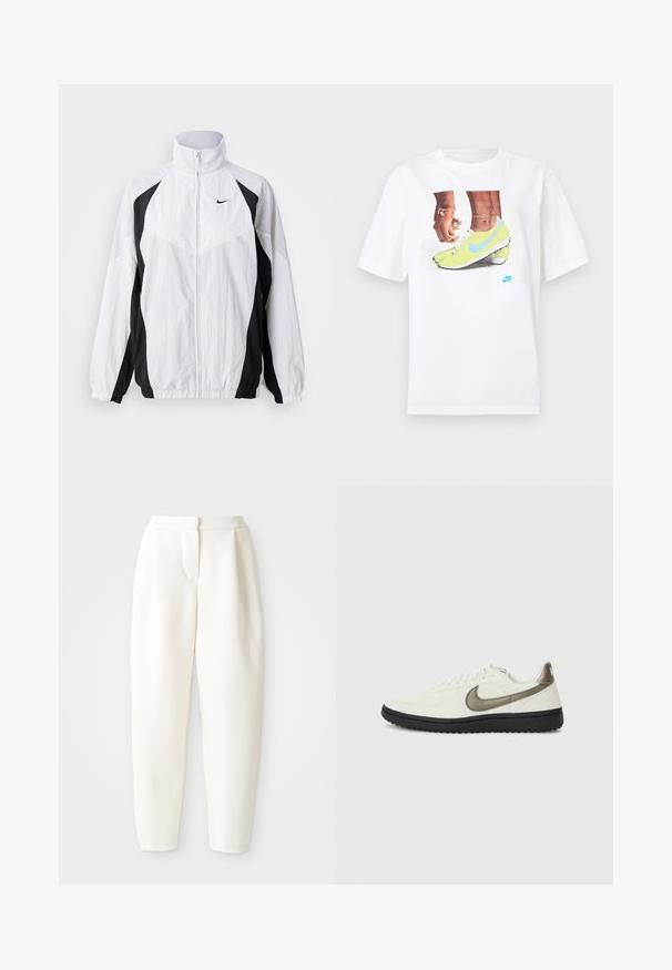Nike vindjacka i vitt och svart. Har hög krage, dragkedjestängning, långa ärmar och kontrasterande paneldesign med texturerad tyg.; Vit bomull t-shirt med en grafik av fötter i gula Nike fotbollsskor med blå accenter, i kombination med ett armband på vänster handled.; Höga, avsmalnande vita byxor med dolda framknäppningar och sidofickor, uppvisade mot en enfärgad vit bakgrund.; Nike Sportswear FIELD GENERAL - Sneakers - off-white/black