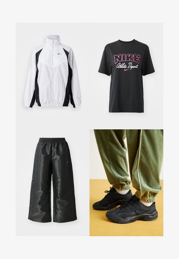 Nike vindjakke i hvit og svart. Har høy krage, glidelås foran, lange ermer og kontrasterende paneldesign med teksturert stoff.; Svart bomulls T-skjorte med grafisk trykk i rosa og hvitt med teksten "JUST DO IT," "NIKE," og "Athletic Depart." Standard passform.; Svarte treningsbukser med en blank, glatt stoff, som har et elastisk liv, vide ben og en liten logo på venstre side.; Sorte atletiske sneakers med mesh og syntetiske overlag, teksturert såle, paret med grønne, elastiske sweatpants med mansjetter, på gul overflate.