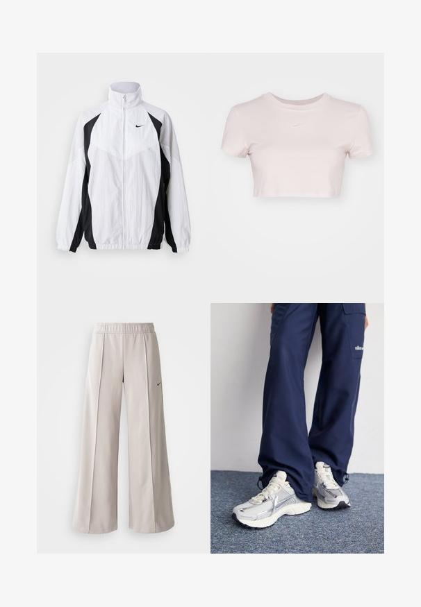 Jachetă Nike din material ușor, albă și neagră. Prezintă guler înalt, închidere cu fermoar, mâneci lungi și un design cu panouri contrastante din țesătură texturată.; Tricou scurt în roz deschis, fabricat dintr-un material moale. Are guler rotund și mâneci scurte, cu un mic logo alb Nike pe piept.; Pantaloni largi de culoare gri deschis, confecționați dintr-un material neted. Au o talie elastică și un logo Nike negru pe partea stângă.; Pantofi sport Nike cu un superior din plasă argintie, accente albe și tălpi texturate, asortați cu pantaloni confortabili de culoare marină.