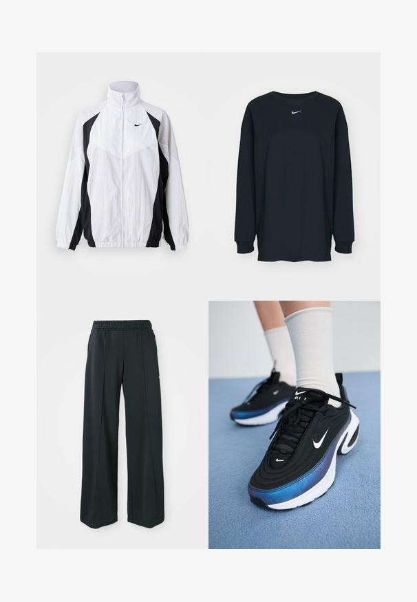 Nike vējjaka baltā un melnā krāsā. Iezīmē augsta apkakle, rāvējslēdzēja aizdare, garas piedurknes un kontrastējoša paneļa dizains ar teksturētu audumu.; Melnas garajām piedurknēm T-krekls no kokvilnas ar apaļu kakla izgriezumu. Uz krūtīm ir balts Nike logo. Mīksta tekstūra, vienkāršs dizains.; Melnas, platajās sporta bikses ar elastīgu jostu. Izgatavotas no gludas, elastīgas auduma, ar viegli pamanāmiem priekšējiem šuvēm un bez kabatām.; Melnie Nike sporta apavi ar gludu auduma virsmu, argradienta zilu uz melnu dizainu, balta zole un izteiksmīgi logotipa akcenti.