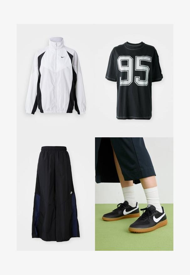 Nike vėjo nepraleidžiantis švarkas baltos ir juodos spalvos. Ypatybės: aukštas apykaklė, užtrauktuko uždarymas, ilgos rankovės ir kontrastingas panelių dizainas su tekstūruota medžiaga.; Juodas medvilnės marškinėliai su trumpomis rankovėmis, ant priekinės dalies yra balta spausdinta numeris "95" ir kontrastingos siūlės palei kraštus.; Juodos plačios kojų kelnės, pagamintos iš lengvos medžiagos, su tamsiai mėlyna šonine juostele ir elastinga juosmens juosta. Maža balta logotipo etikete apačioje.; Juodos odinės ir sintetinių medžiagų sportbačiai su balta Nike swoosh, guminis padas, apvalus pirštas ir juodi raišteliai. Matomos banguotos baltos kojinės.