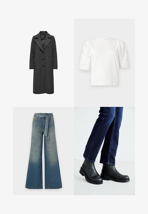 Ilgas tamsiai pilkas paltas su įpjovimu ant apykaklės, penkiais mygtukais, šoninėmis kišenėmis ir tekstūruotu audinio užbaigimu. Klasikinis, tiesaus kirpimo dizainas.; Balta medvilnės marškinėliai trumpomis pūstomis rankovėmis, papuošti mažomis sidabrinėmis detalėmis ant rankovių. Klasikinis apvalus iškirpimas, laisvas siluetas.; Platus džinsinis kelnes su šviesiai tamsiai mėlynu gradientu, aukštu juosmeniu, diržo kilpomis ir atitinkančiu audinio diržu. Textūruotas džinsinis paviršius.; Juoda odinė kulkšninių botų su storu padu ir šoninėmis elastinėmis detalėmis, derinama su tamsiai mėlynomis džinsais. Žemė šviesios spalvos.