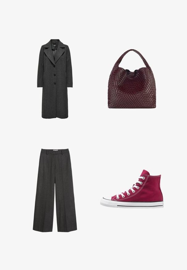 Garšs tumši pelēks mētelis ar izgrieztu apkakli, piecām pogām, sānu kabatām un teksturētu audumu. Klasisks, taisna griezuma dizains.; Pelēks īsām piedurknēm T-krekls, izgatavots no mīksta, teksturēta auduma; ar klasisku apaļu kakla izgriezumu un brīvu piegriezumu bez jebkādiem rakstiem vai logotipiem.; Platas kājas bikses tumši pelēkā audumā. Iezīmēts ar pielāgotu jostas vietu ar jostas cilpām, gludu tekstūru un minimālām šuvju akcents.; Augstie čības, kas izgatavotas no bordo auduma, ar baltām šņorēm, gumijas purngaliem un melnu joslu gar zoli. Tekstūrētā dūriena akcenti piešķir dizainam detaļu.; Austiņota bordo rokassoma ar apaļu formu un vienu rokturi, kas ir ar teksturētu virsmu un elastīgu aukliņu aizdari.