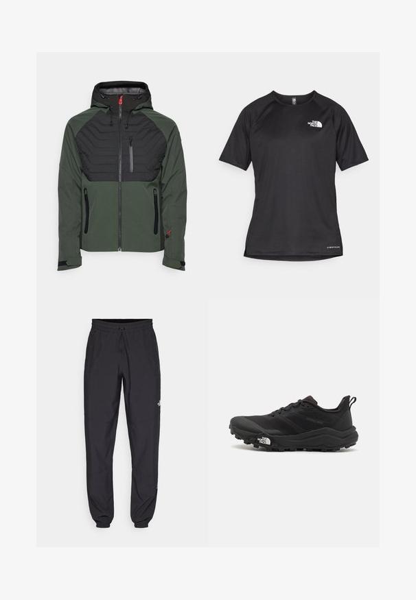 Zelena in črna izolirana jakna z zadrgo spredaj, kapuco in teksturirano zgornjo sekcijo. Opremljena je z dvema žepoma z zadrgo ob strani in elastičnimi manšetami.; Črna kratko rokavna športna majica iz teksturirane tkanine, z belim logotipom na levem prsnem delu in ravnim robom.; Črne atletske hlače iz lahkega materiala, ki imajo elastični pas z vezalko, stranske žepe in zožene manšete na gležnjih.; Črne tekaške čevlje za trail s teksturirano zgornjega dela, gumijastim podplatom in ojačanim zaključkom prstov. Vključuje oblazinjen ovratnik in zanko za enostavno obuvanje.