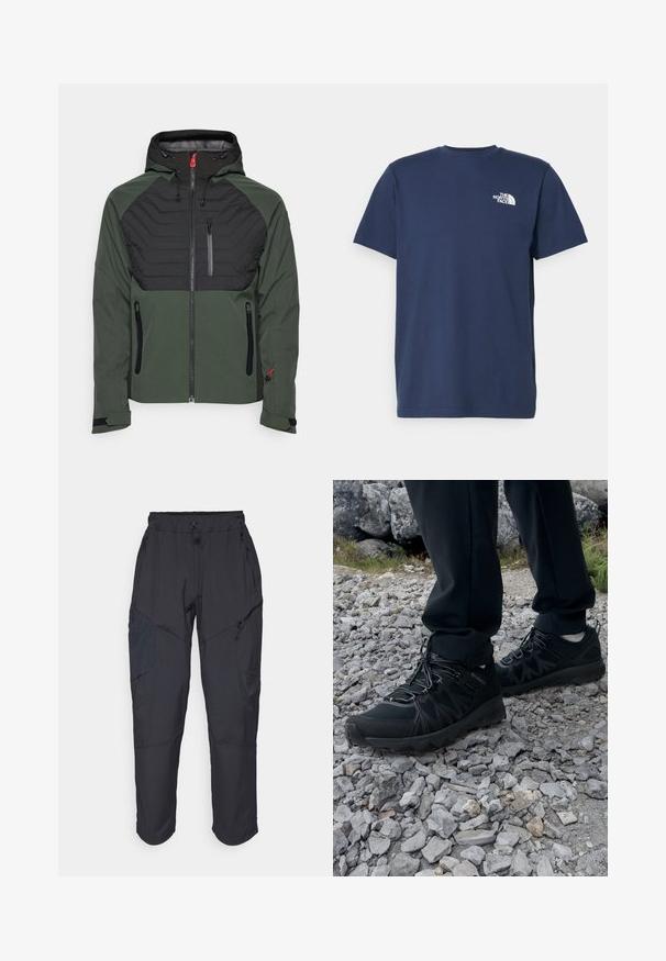 Grüne und schwarze isolierte Jacke mit einem Reißverschluss vorne, Kapuze und strukturiertem oberen Abschnitt. Sie verfügt über zwei Reißverschlusstaschen an den Seiten und elastische Bündchen.; Marineblaue Baumwoll-T-Shirt mit kurzen Ärmeln und Rundhalsausschnitt. Hat ein kleines weißes Logo auf der linken Brust. Glatte Textur.; Schwarze Cargo-Hosen aus leichtem, wasserabweisendem Material; verfügen über einen elastischen Bund, mehrere Reißverschlusstaschen und schmal zulaufende Beine.; Schwarze Outdoor-Schuhe aus Mesh und synthetischem Material, mit einer strukturierten Oberseite, gesichertem Schnürsystem und griffiger Laufsohle, auf felsigem Gelände.