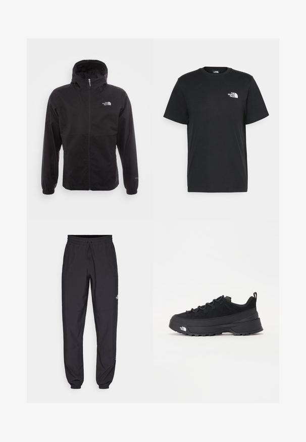 Schwarze wasserdichte Jacke mit durchgehendem Reißverschluss, verstellbarem Kapuzen, elastischen Bündchen und einem Logo auf der Brust; leicht und mit glatter Textur.; Schwarzes Baumwoll-T-Shirt mit kurzen Ärmeln, Rundhalsausschnitt und einem kleinen weißen Logo auf der linken Brust. Schlichtes Design, glatte Textur und lockere Passform.; Schwarze Sporthosen aus leichtem Stoff, mit einem Kordelzugbund, seitlichen Taschen und schmal zulaufenden Bündchen an den Knöcheln.; Schwarzer Outdoorsneaker mit einem Obermaterial aus Wildleder, strukturierter Gummisohle und robustem Schnürsystem. Verfügt über eine verstärkte Ferse und das Markenlogo an der Seite.