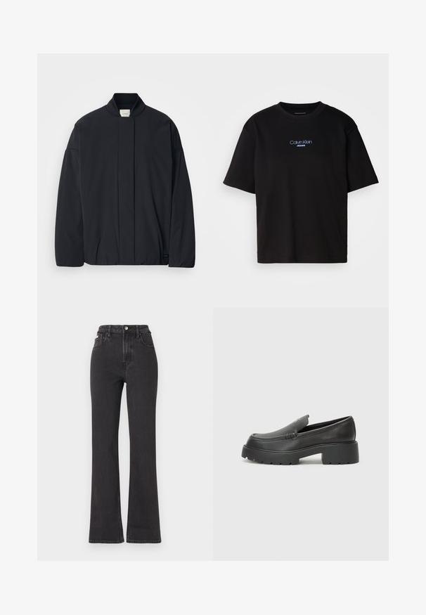 Čierna dlhá bundá s rebrovaným golierom, skrytým predným zapínaním a diskrétnou značkou na dolnom leme, položená na bielom pozadí.; Čierne bavlnené tričko s okrúhlym výstrihom, krátkymi rukávmi a modrým vyšívaným logom "Calvin Klein JEANS" na prednej strane.; Čierne džíny s vysokým pásom a rozšírenými nohavicami vyrobené z denimu, s gombíkovým zapínaním, pútkami na opasok a bočnými vreckami. Hladká textúra s minimálnym ošúchaním.; Čierne kožené mokasíny s okrúhlou špičkou, hrubou textúrovanou podrážkou a minimom stehovej výzdoby. Štíhly dizajn bez viditeľných šnúr alebo kovania.