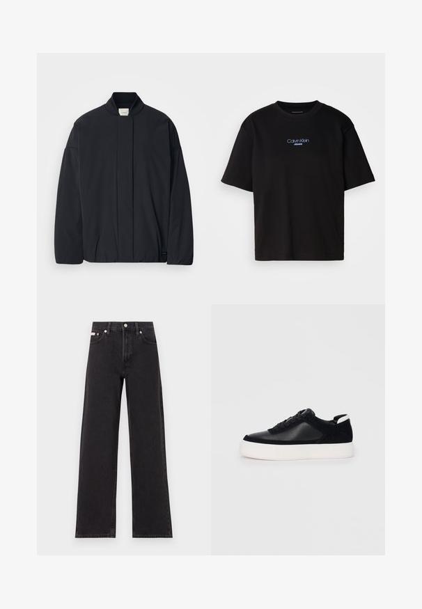 Zwarte lange mouwen jas met een geribde kraag, verborgen sluiting aan de voorkant en een subtiele merketiket op de onderrand, plat gelegd op een witte achtergrond.; Zwart katoenen T-shirt met ronde hals, korte mouwen en blauw geborduurd "Calvin Klein JEANS" logo op de voorkant.; Zwarte wijde spijkerbroeken van denim, met een hoge taille, vijf-pocket stijl en een metalen knoopsluiting met contrasterende stiksels.; Zwarte sneaker met glad leer en suede panelen, platte veters, ronde neus en een witte rubberen zool. Duidelijk logo op de hiel.