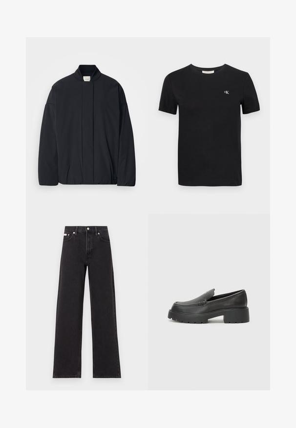 Giacca nera a maniche lunghe con colletto a coste, chiusura frontale nascosta e un'etichetta del marchio discreta sul fondo, posata su uno sfondo bianco.; T-shirt in cotone nero con collo rotondo classico, maniche corte e un piccolo logo bianco ricamato "ck" sul petto.; Jeans neri a gamba larga in denim, con vita alta, styling a cinque tasche e chiusura con bottone metallico e cuciture a contrasto.; Mocassini in pelle nera con punta arrotondata, suola spessa e testurizzata, e minime cuciture. Design elegante senza lacci o parti metalliche visibili.