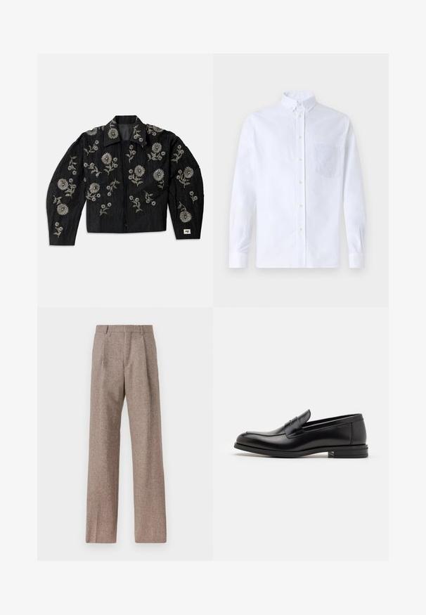 Jachetă neagră cu broderie florală argintie complexă, design scurt, mâneci lungi și guler ascuțit, cu un finisaj din material texturat.; Cămașă albă cu mânecă lungă, din bumbac, prevăzută cu un buzunar pe piept cu broderie tonală, guler și manșete cu buton.; Pantaloni bej, cu talie înaltă, dintr-un material texturat. Prezintă picioare late și două pliseuri frontale pentru structură. Finisaj îngrijit, fără accesorii vizibile.; Mocasini din piele neagră cu o textură netedă, vârf rotund și o curea decorativă peste partea superioară. Toc mic, design minimalist.