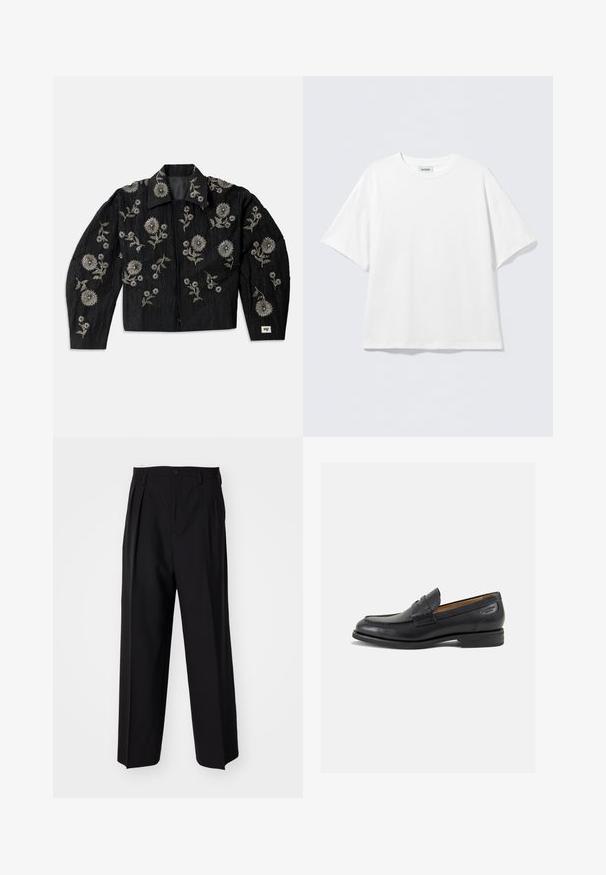 Zwarte jas met ingewikkelde zilveren bloemenborduursels, cropped ontwerp, lange mouwen en een puntige kraag, met een textuurrijke afwerking.; Wit T-shirt met korte mouwen van katoen, met een ronde hals en een losse pasvorm. Geen zichtbare patronen of accenten. Simpel ontwerp.; Zwarte geplooide broeken met een rechte, brede pijpontwerp. Gemaakt van soepele stof, met een knoopsluiting en riemlussen.; Zwarte leren loafers met een gladde afwerking, ronde neus en decoratieve stiksels op de wreef. Lage gestapelde hak en een lichte glans.