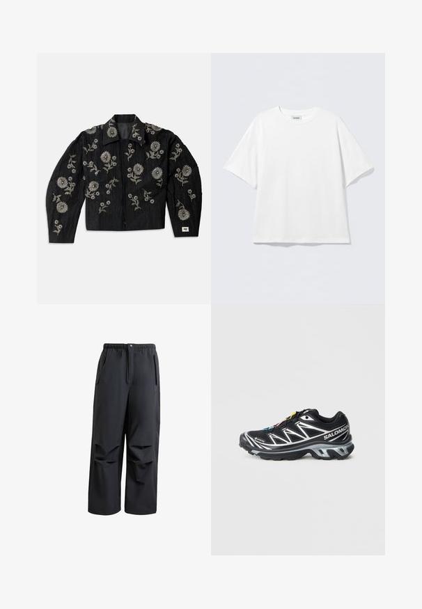 Čierna bunda s prepracovanou striebornou kvetinovou výšivkou, skrátený strih, dlhé rukávy a špicatý golier, s textúrovaným povrchom.; Biele tričko s krátkym rukávom vyrobené z bavlny s okrúhlym výstrihom a voľným strihom. Bez viditeľných vzorov alebo doplnkov. Jednoduchý dizajn.; Čierne, voľne strihané nohavice vyrobené z mäkkej látky. Majú elastický pás, zapínanie na gombík a dve bočné vrecká s skladanými detailmi.; Čierna bežecká obuv so striebornými akcentmi, materiál GORE-TEX, textúrovaná podrážka a farebné šnúrky. Obsahuje polstrovanú pätu pre podporu.