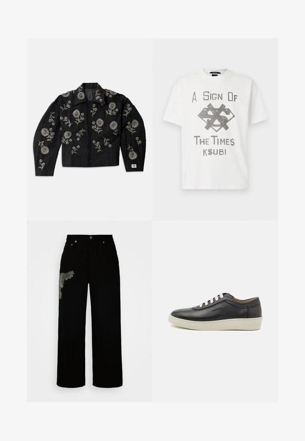Schwarze Jacke mit filigraner silberner Blumenstickerei, tailliertem Schnitt, langen Ärmeln und spitzem Kragen, mit einer strukturierten Stoffoberfläche.; Weißes Baumwoll-T-Shirt mit grau gedrucktem Text und Grafiken, einschließlich eines durchgestrichenen Dollarzeichens und stilisierten Buchstaben, mit kurzen Ärmeln.; Schwarze weit geschnittene Jeans aus Denim mit einem strukturierten Muster am linken Bein und silberfarbener Hardware.; Schwarze Ledersneaker mit einer weißen Gummisohle, runder Zehenpartie und flachen Schnürsenkeln, seitlichen Nähdetails und subtiler Markenkennung.