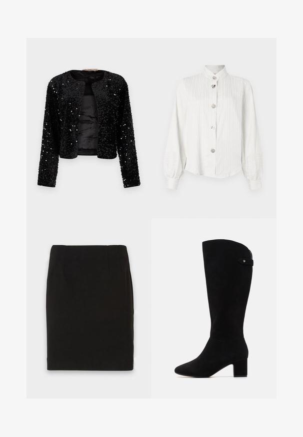Svart paljetjakke med lange ermer, rund halslinje og åpen front; har blanke paljetter jevnt fordelt over en myk tekstur.; Hvit langermet bluse med vertikale striper, ballongsaler, ståkrage og fem dekorative sølvknapper foran.; Svart knelang blyantskjørt med rett kant og subtile sømdetaljer ved midjen mot en hvit bakgrunn.; Svarte semskede knæhøje støvler med spids tå og blokhæl. Har en glat tekstur og et enkelt design, med en side rem detalje.