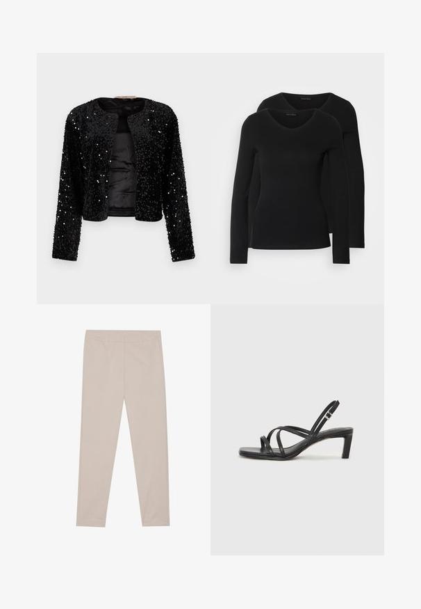 Jachetă neagră cu paiete, cu mâneci lungi, decolteu rotund și deschidere frontală; prezintă paiete strălucitoare distribuite uniform pe un material textil moale.; Două cămăși negre cu mâneci lungi și decolteu în V, fabricate dintr-un material moale și elastic, cu o textură netedă și o formă ajustată.; Pantaloni bej dintr-un material moale, cu croială dreaptă, buzunare frontale și un talie curată, fără ornamente sau motive.; Sandal cu barete negre, cu vârf pătrat și toc mic de bloc. Prezintă mai multe barete subțiri și o bareta ajustabilă la gleznă. Fabricat din piele netedă.