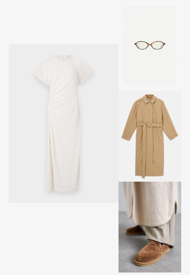 Beige dlouhý trench coat s širokým límcem, dlouhými rukávy, pásem s přezkou v pase a bočními kapsami, položený na bílem pozadí.; Světle šedý cardigan vyrobený z měkkého materiálu, s kulatým výstřihem, dlouhými rukávy a pěti knoflíkovými zapínáními vpředu. Zkrácený lem.; Bílé šaty s krátkými rukávy, kulatým výstřihem a řasením po stranách; hladká tkanina s dlouhým střihem k podlaze.; Hnědé semišové slip-on boty s kulatou špičkou, gumovou podrážkou a řezanými detaily po stranách, v kombinaci se světlými béžovými oděvními kalhotami.; Želvovinové brýle s oválnými čočkami a hladkým, jemným povrchem. Má tenké bočnice s jemným zakřivením v chrámcích. Čiré čočky.