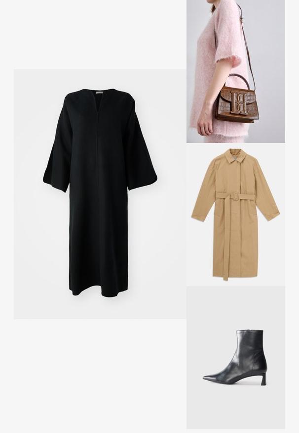 Casaco trench longo bege com gola larga, mangas longas, cinto com fivela na cintura e bolsos laterais, disposto em plano sobre fundo branco.; Vestido longo preto com mangas largas e decote em V, exibido contra um fundo branco.; Bota de tornozelo em pele preta com biqueira apontada e um design elegante. Apresenta um salto baixo e um fecho com zipper na parte de trás. Textura suave.; Bolsa de mão em pele de crocodilo castanha com alça superior e faixa para ombro. Apresenta um logótipo proeminente na aba frontal. Textura suave.