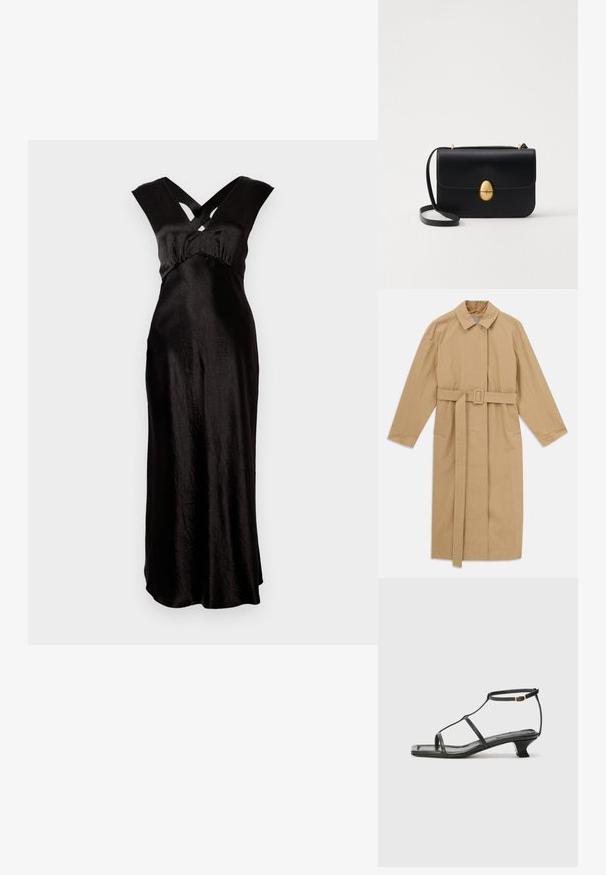 Šviesiai rudas ilgas trenčkotis su plačiu apykakle, ilgomis rankovėmis, diržu su sagtimi juosmens srityje ir šoninėmis kišenėmis, išdėstytas ant balto fono.; Juodas satino suknelė su grindų ilgio dizainu, turinti kryžminę V formos iškirptę ir plačius petnešas. Lygus tekstūra ir minimalus dekoravimas.; Juodas odinis sandalai su kvadratiniu pirštu, plonomis dirželiais, reguliuojamu kulkšnies dirželiu ir žemu kulnu. Yra nedidelis aukso akcentas ant dirželio.; Juodas odinis rankinukas su struktūrine stačiakampio forma. Yra auksinė ovali sagtis ir plona petneša. Glotni tekstūra.